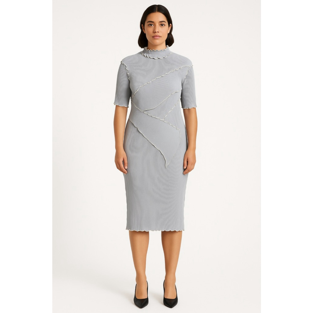 todo by kotohayokozawa Pleated Dress – Grey Asymmetrical Ruffle Mock Neck Avant